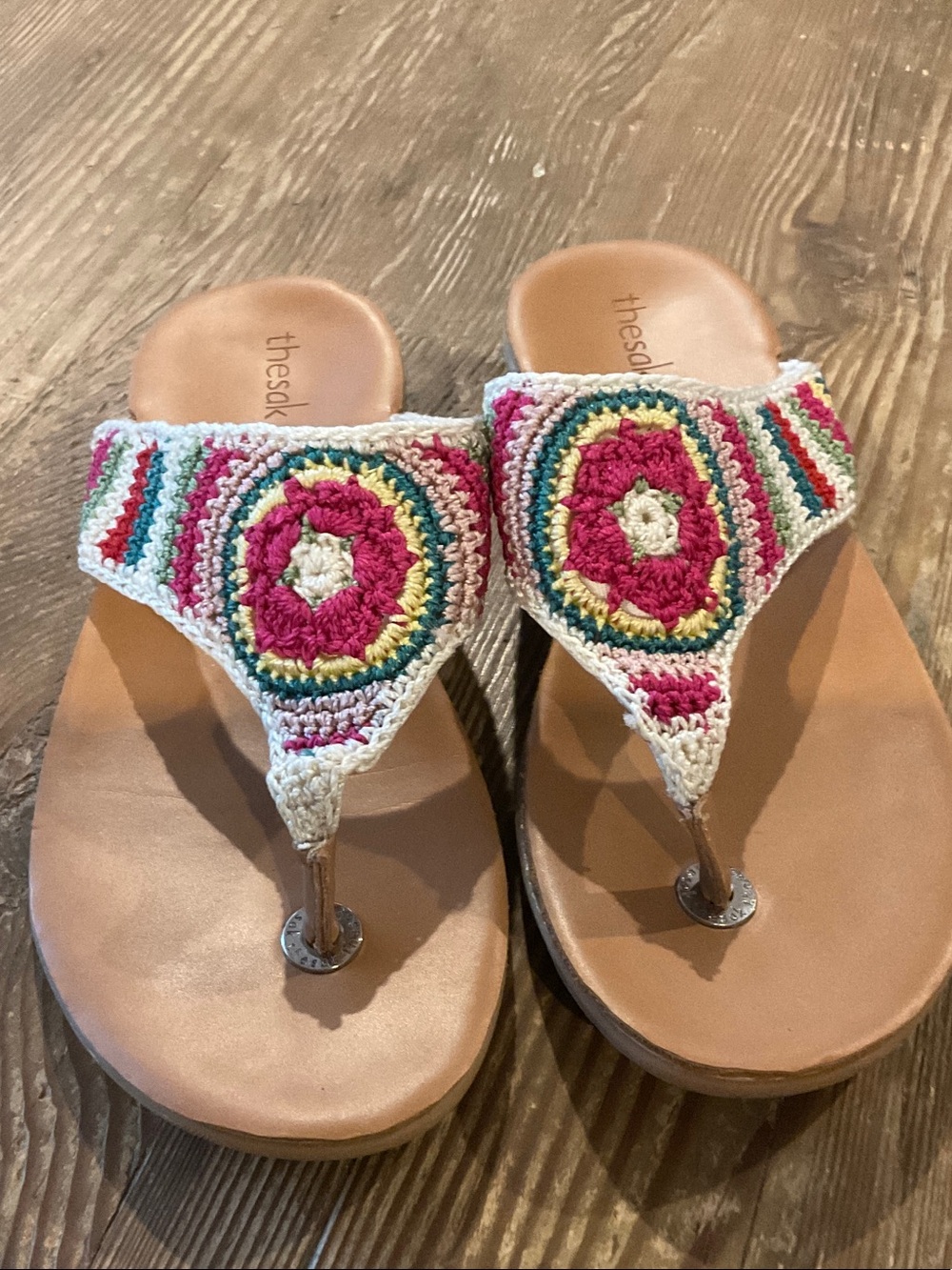 The Sak Crochet Thong Sandals in Pink, Green, Yellow, Cream